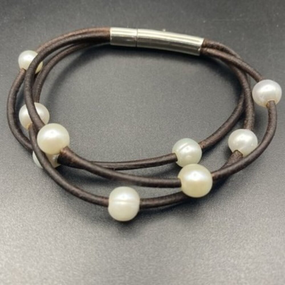 Genuine Pearl Leather Bracelet 7" Multi Strand Stainless Steel Push Lock Clasp - Picture 6 of 6